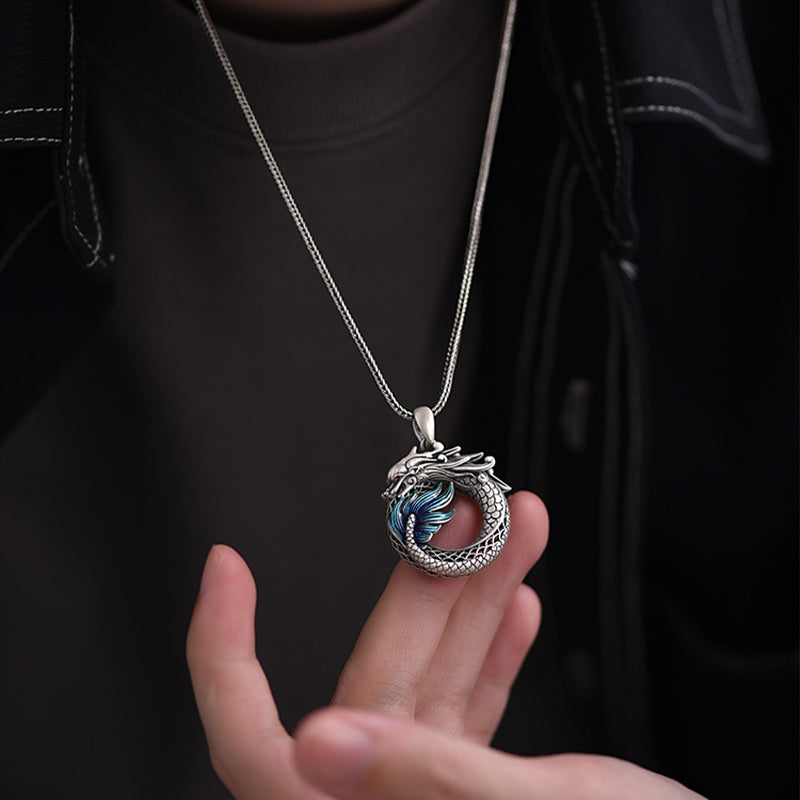 999 Sterling Silver Dragon Necklace with Peace Buckle for Auspicious Success
