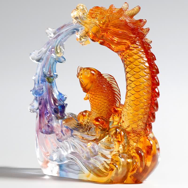 Handmade Feng Shui Liuli Dragon Koi Fish Crystal Art
