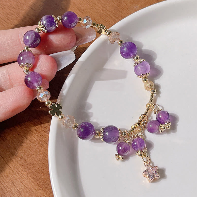 Bracelet de paix en améthyste avec trèfle à quatre feuilles de 8 mm