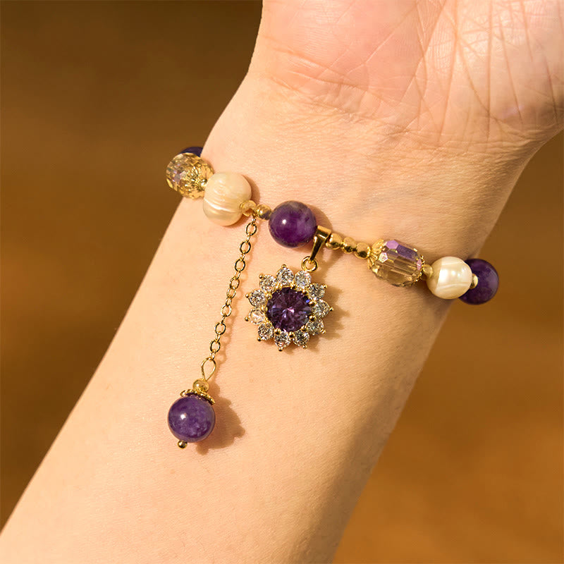 Bracelet de communication tournesol en perles d'améthyste de 8 mm pour femme