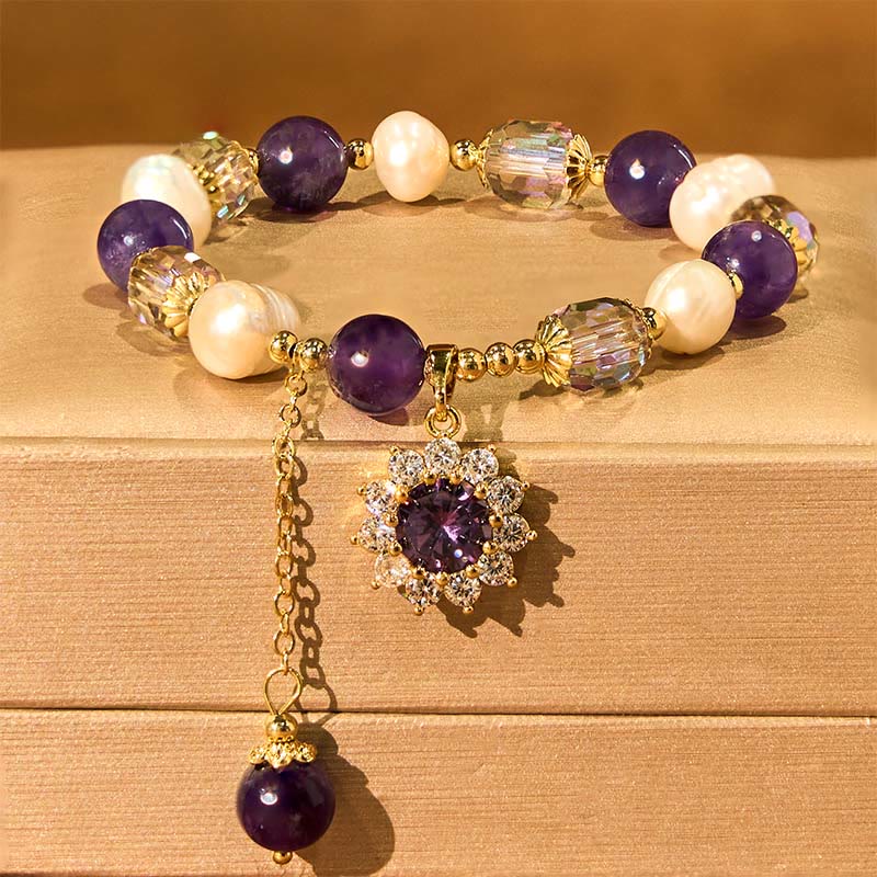Bracelet de communication tournesol en perles d'améthyste de 8 mm pour femme