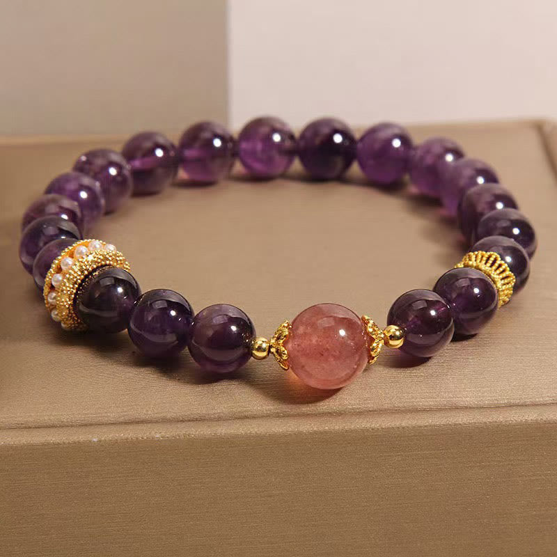 Bracelet en améthyste et quartz fraise 8 mm pour femme