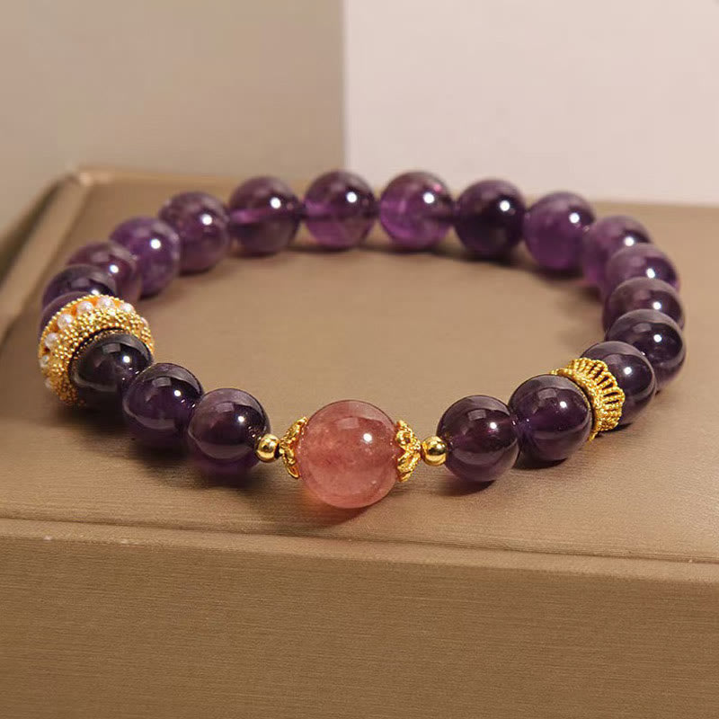 Bracelet en améthyste et quartz fraise 8 mm pour femme