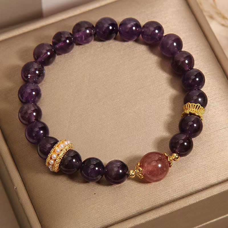 Bracelet en améthyste et quartz fraise 8 mm pour femme