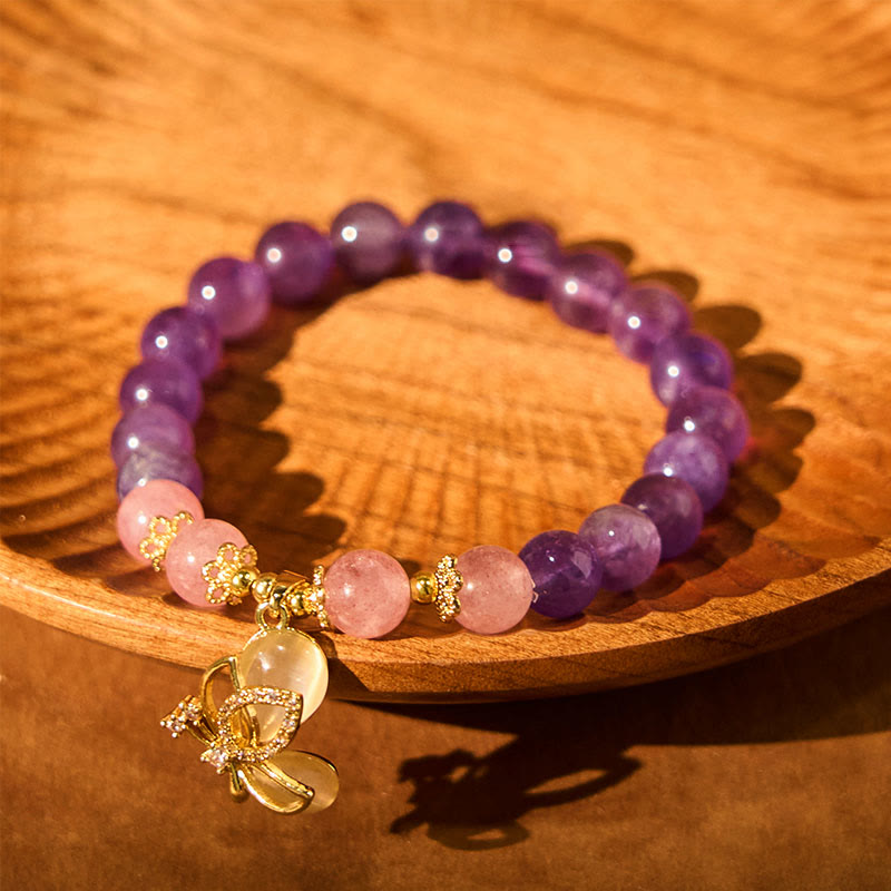 Bracelet à breloques papillon en quartz fraise et améthyste de 8 mm