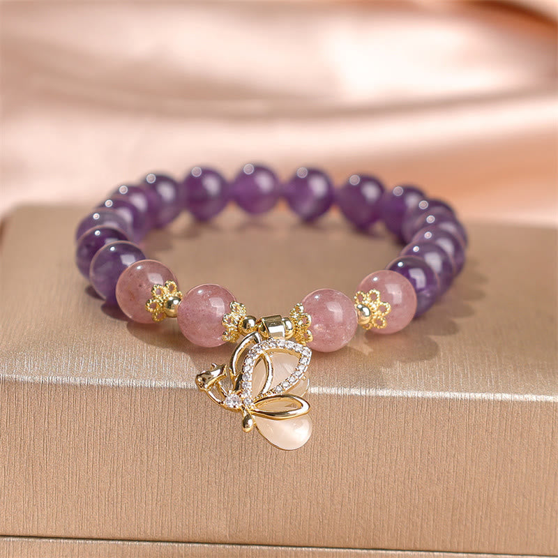 Bracelet à breloques papillon en quartz fraise et améthyste de 8 mm