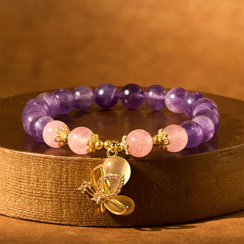 Bracelet à breloques papillon en améthyste et quartz fraise de 8 mm