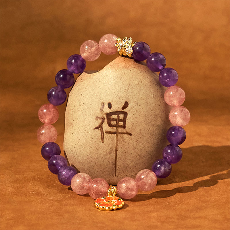 Bracelet de guérison à breloques en forme de fleur de quartz fraise et améthyste de 8 mm