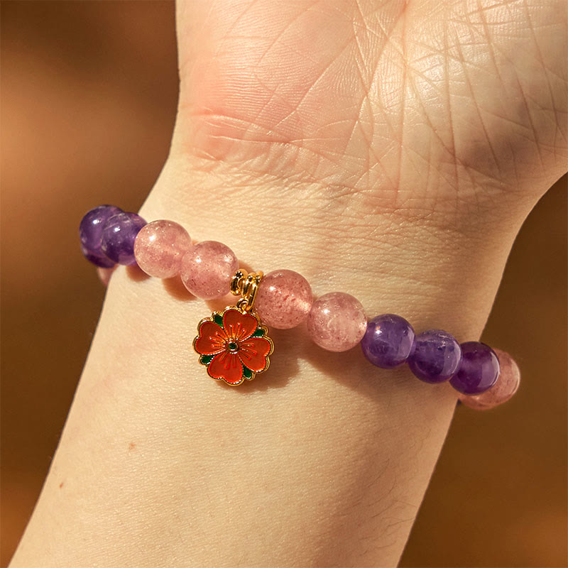 Bracelet de guérison à breloques en forme de fleur de quartz fraise et améthyste de 8 mm