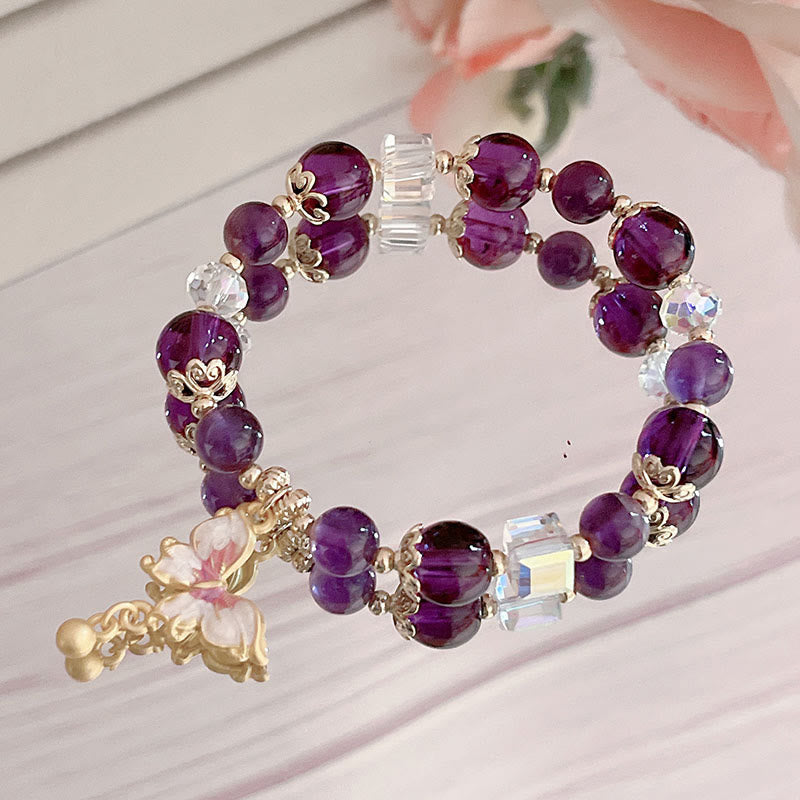 Bracelet Papillon de la Paix en Améthyste et Pierre de Soleil 8 mm