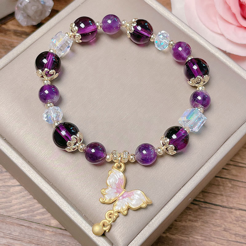 Bracelet Papillon de la Paix en Améthyste et Pierre de Soleil 8 mm