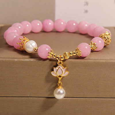 Bracelet à breloques lotus en perles de jade rose authentiques de 8 mm