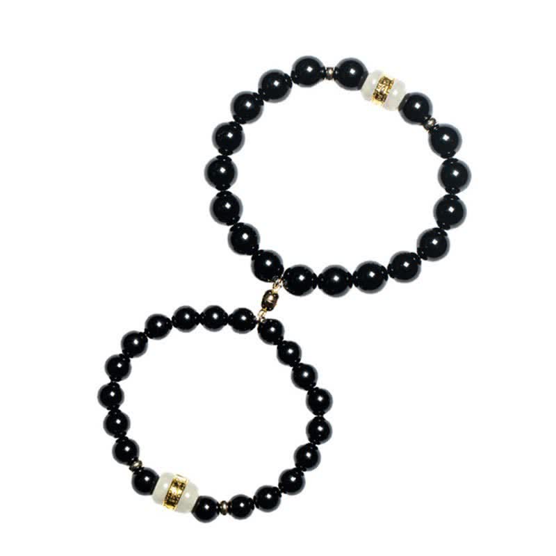 Bracelet de force Om Mani Padme Hum en jade obsidienne noire de 8 mm