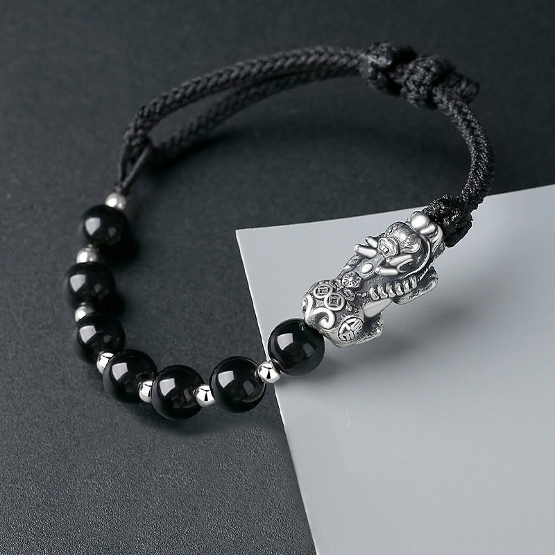 Bracelet Pixiu en obsidienne noire de 8 mm pour la force et la richesse