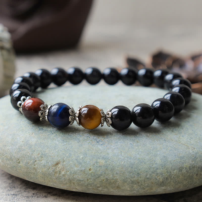 Bracelet de force en obsidienne noire tricolore œil de tigre 8 mm