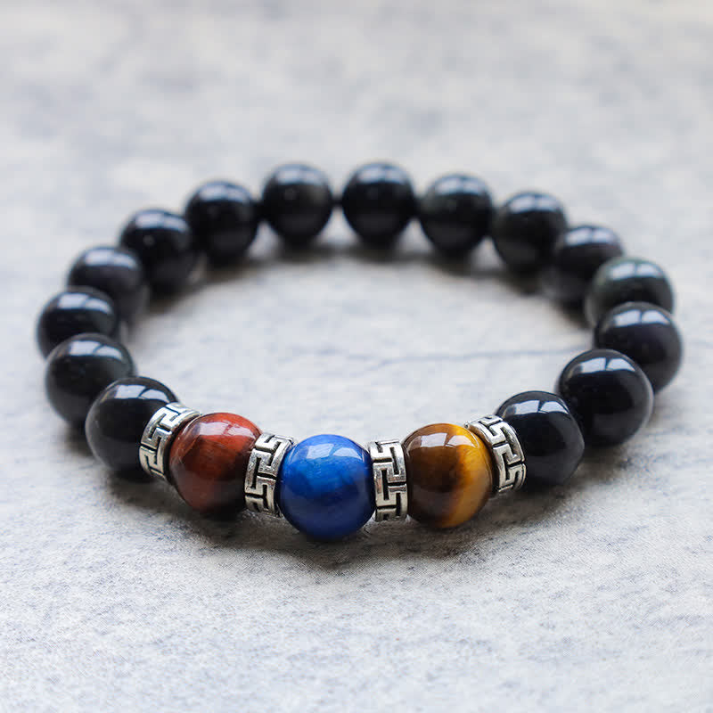 Bracelet de force en obsidienne noire tricolore œil de tigre 8 mm