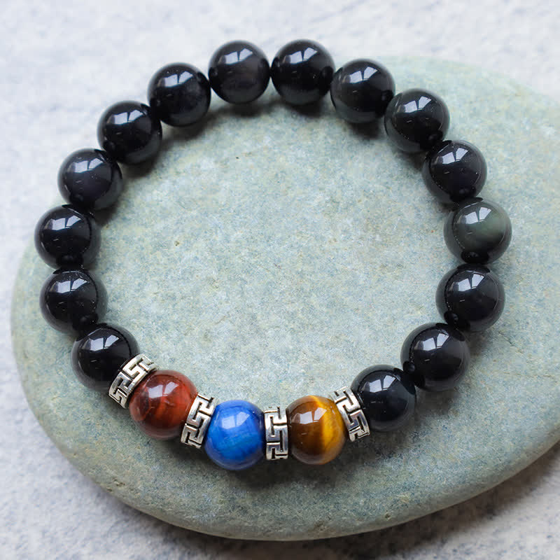 Bracelet de force en obsidienne noire tricolore œil de tigre 8 mm