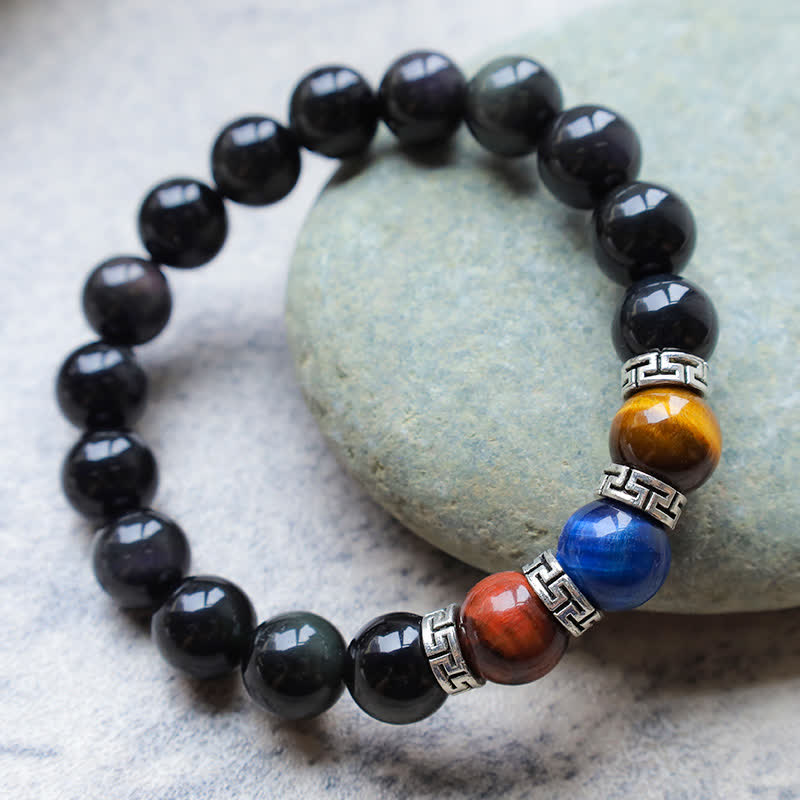 Bracelet de force en obsidienne noire tricolore œil de tigre 8 mm