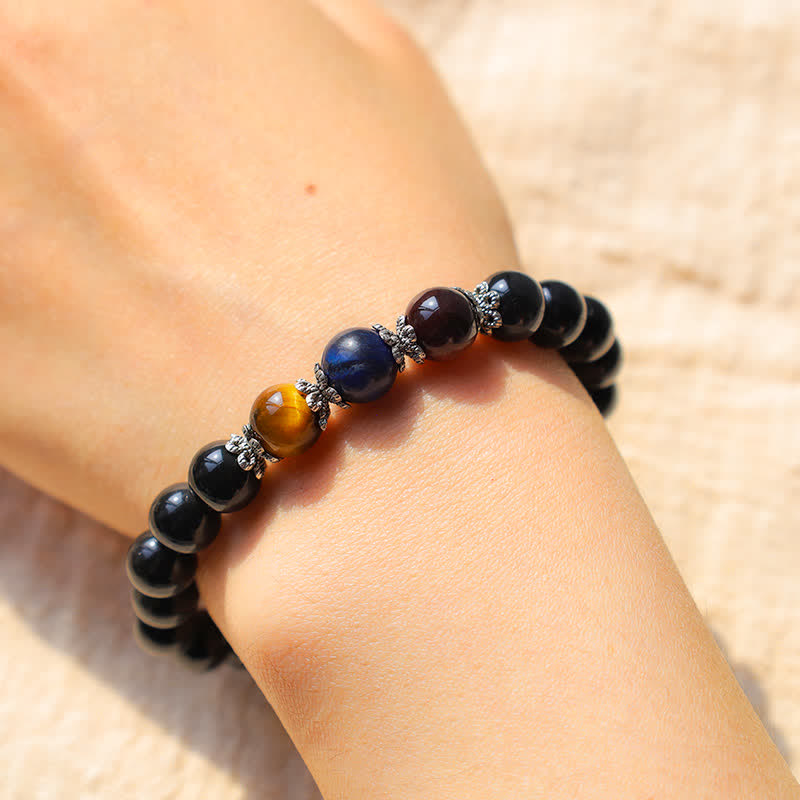 Bracelet de force en obsidienne noire tricolore œil de tigre 8 mm