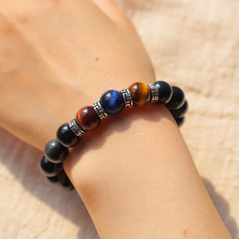 Bracelet de force en obsidienne noire tricolore œil de tigre 8 mm