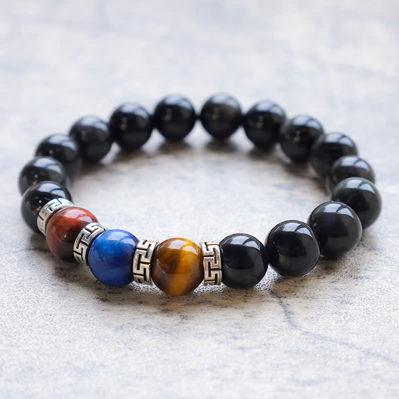 Bracelet de force en obsidienne noire tricolore œil de tigre 8 mm