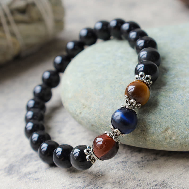 Bracelet de force en obsidienne noire tricolore œil de tigre 8 mm