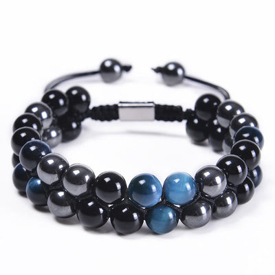 Bracelet œil de tigre bleu 8 mm avec obsidienne noire et magnétite