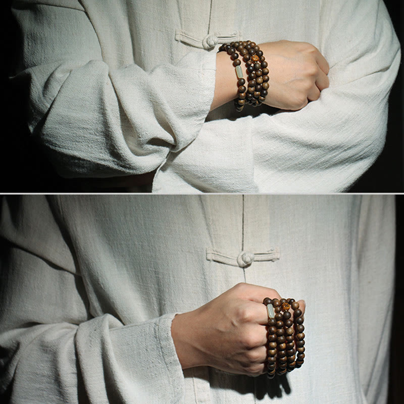 Bracelet Mala Strength en bois d'agar de Brunei, 108 perles de 8 mm