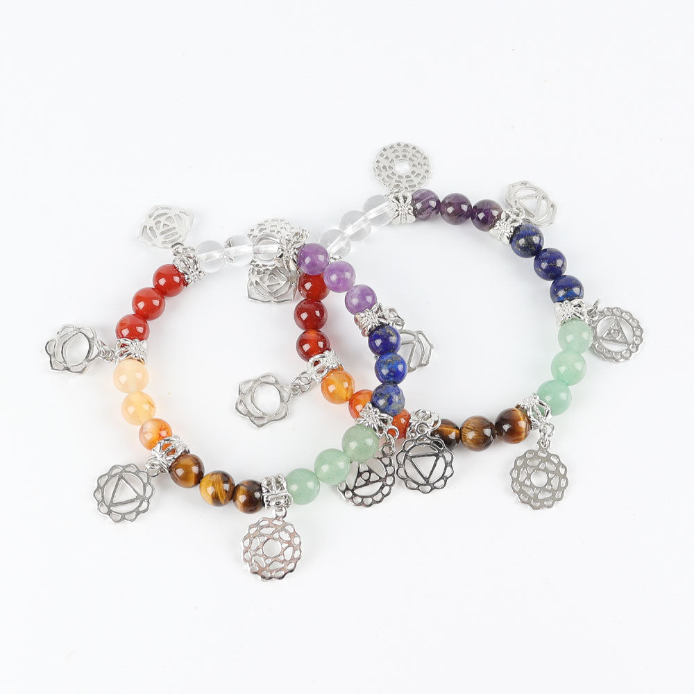8mm Chakra Bracelet with Silver Ornaments for Healing