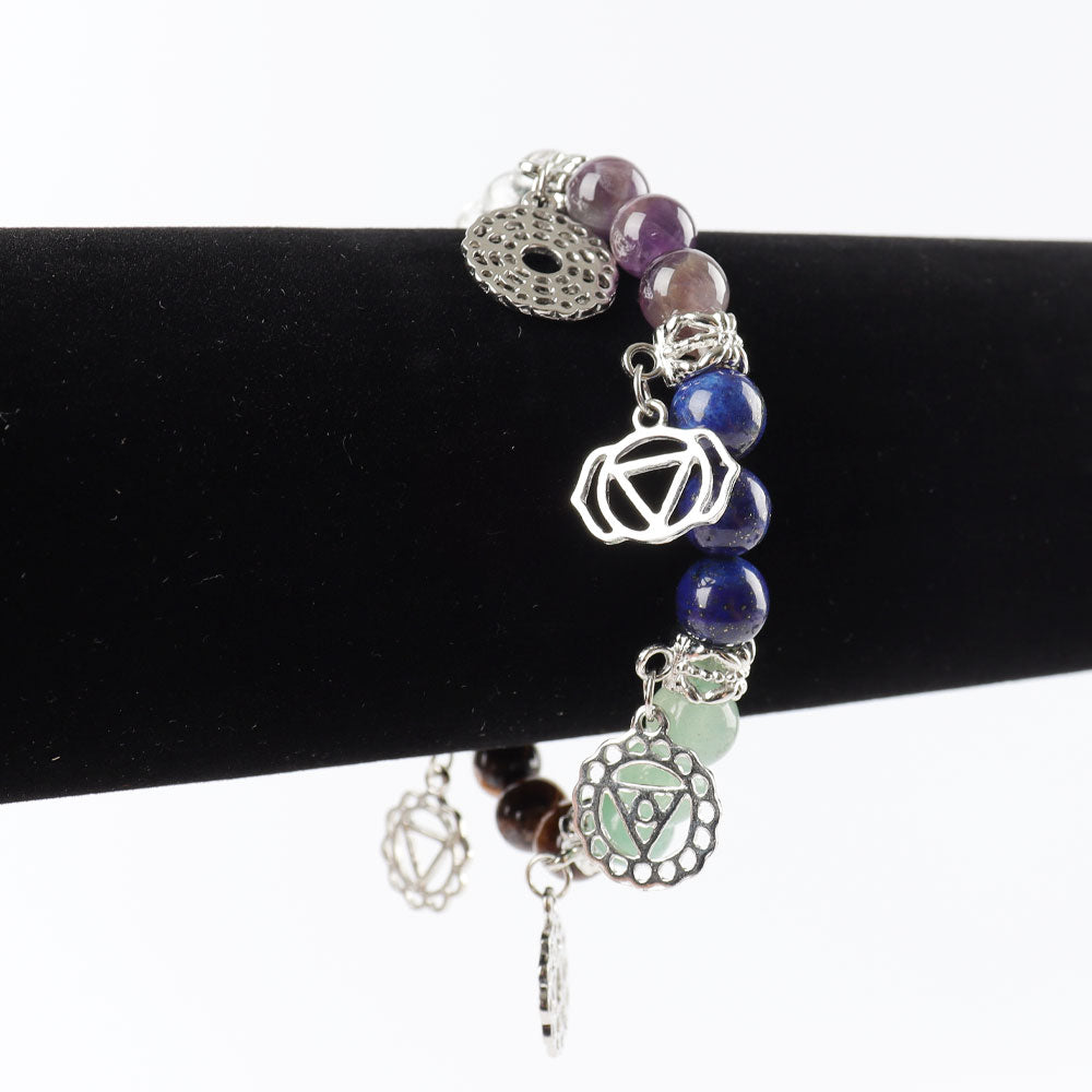 8mm Chakra Bracelet with Silver Ornaments for Healing