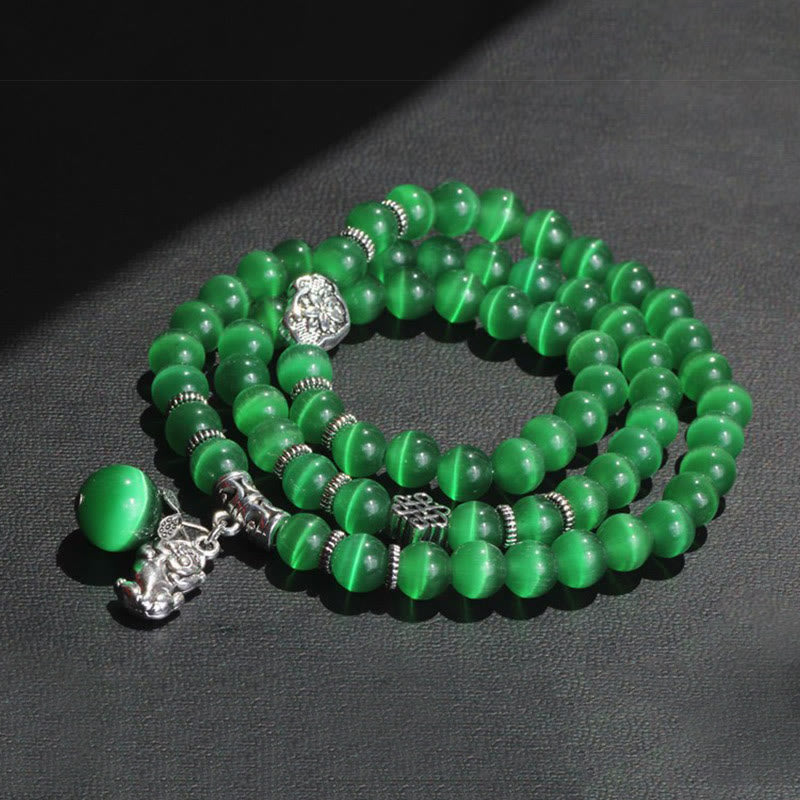 Bracelet de soutien triple tour PiXiu œil de chat en chrysobéryl de 8 mm