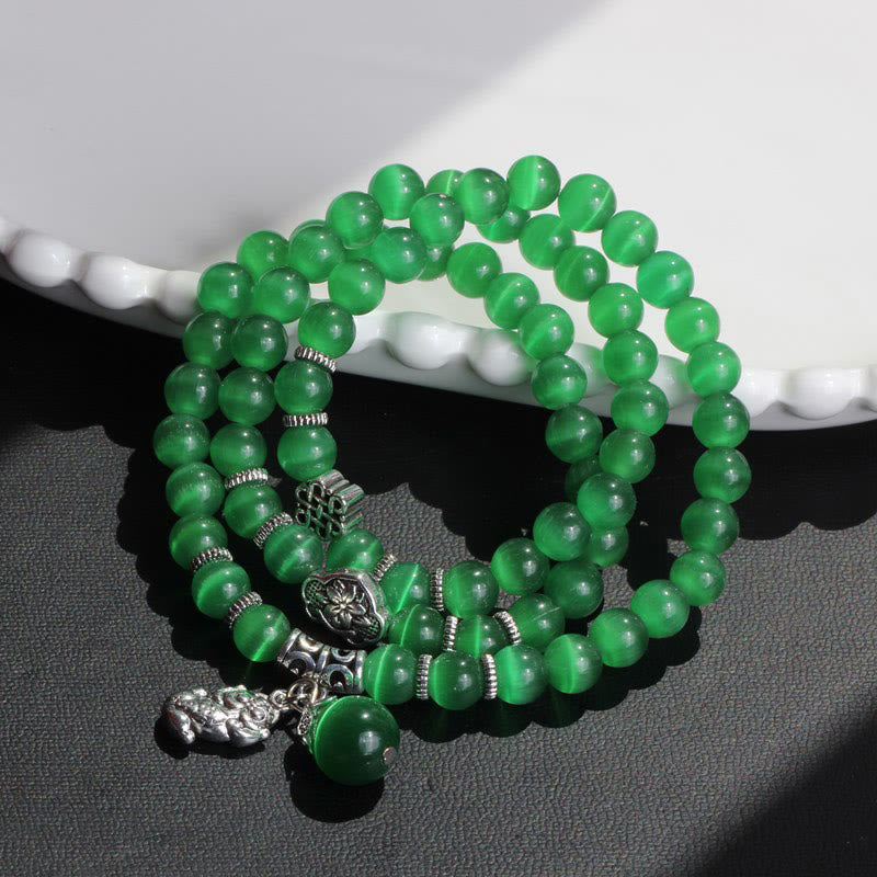 Bracelet de soutien triple tour PiXiu œil de chat en chrysobéryl de 8 mm