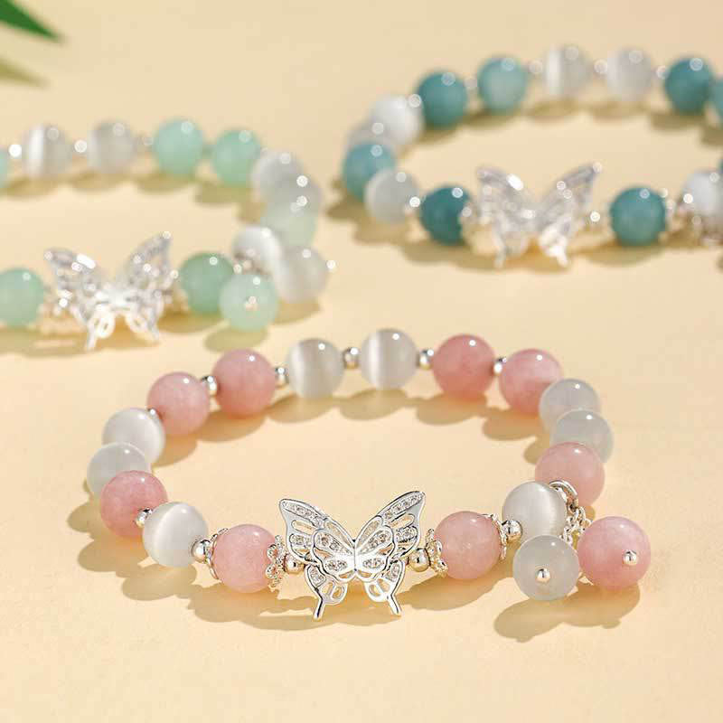 Bracelet d'amour en chrysobéryl œil de chat et calcédoine 8 mm