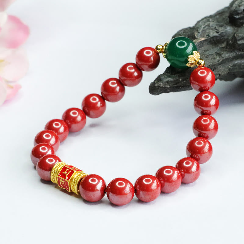 Bracelet Om Mani Padme Hum en agate verte cinabre de 8 mm