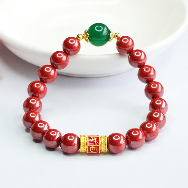 Bracelet Om Mani Padme Hum en agate verte cinabre de 8 mm