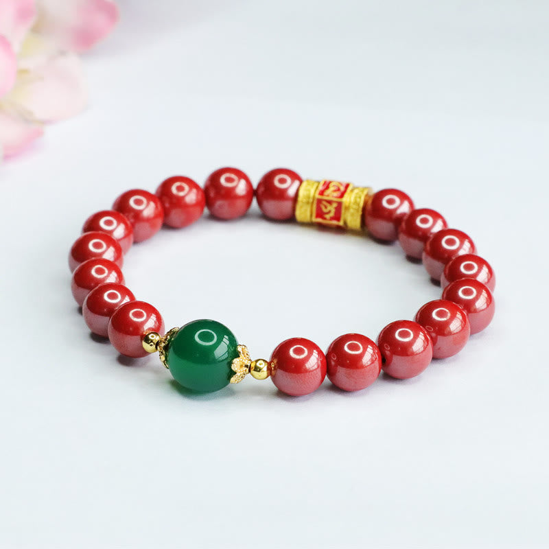 Bracelet Om Mani Padme Hum en agate verte cinabre de 8 mm
