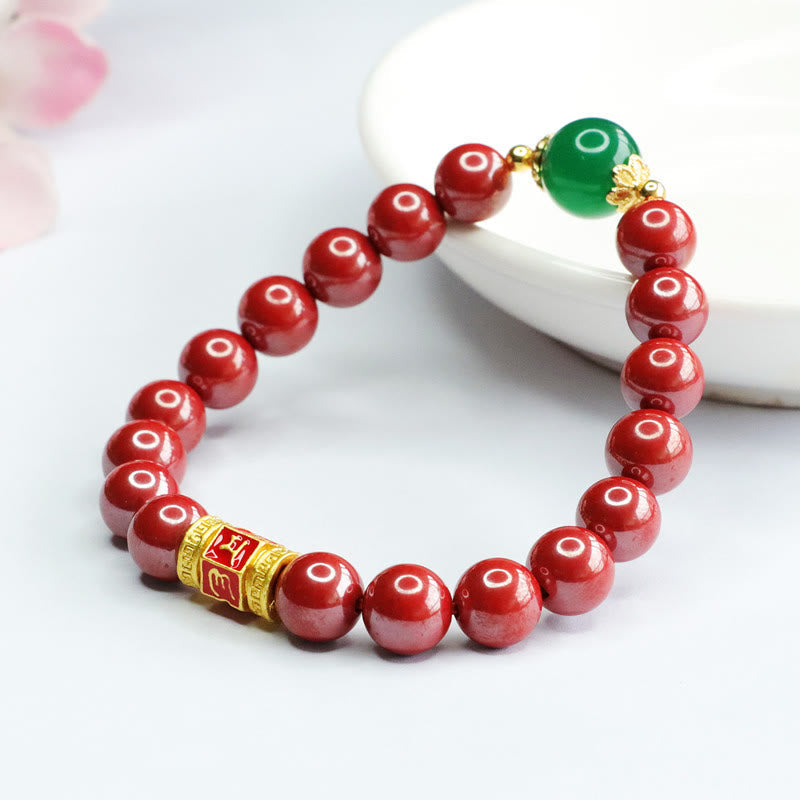 Bracelet Om Mani Padme Hum en agate verte cinabre de 8 mm