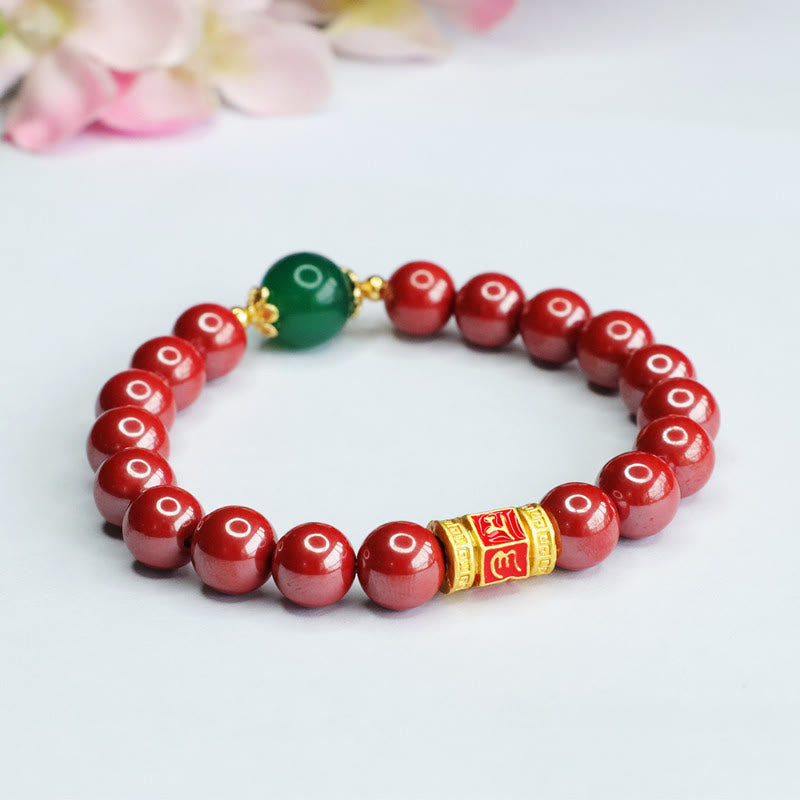 Bracelet Om Mani Padme Hum en agate verte cinabre de 8 mm
