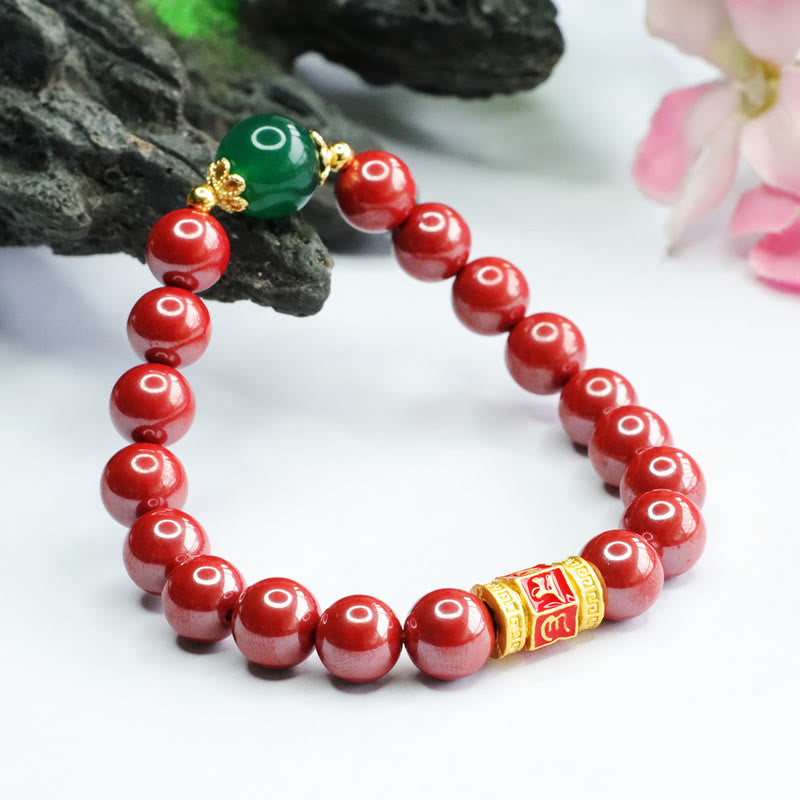 Bracelet Om Mani Padme Hum en agate verte cinabre de 8 mm