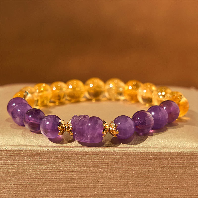 Bracelet de prospérité Pixiu en citrine et améthyste de 8 mm