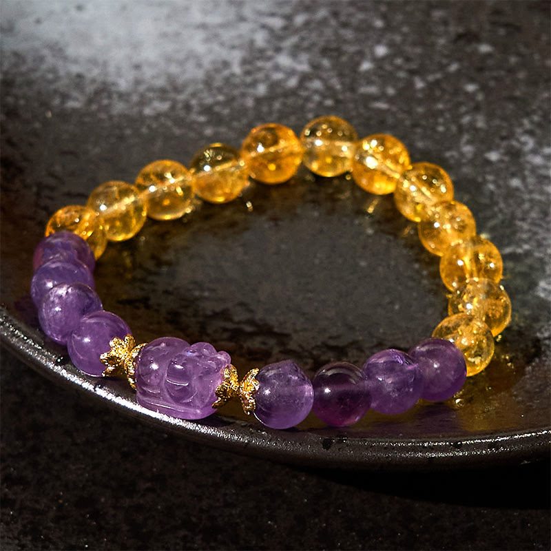 Bracelet de prospérité Pixiu en citrine et améthyste de 8 mm