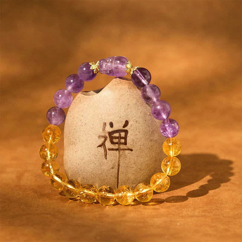 Bracelet de prospérité Pixiu en citrine et améthyste de 8 mm