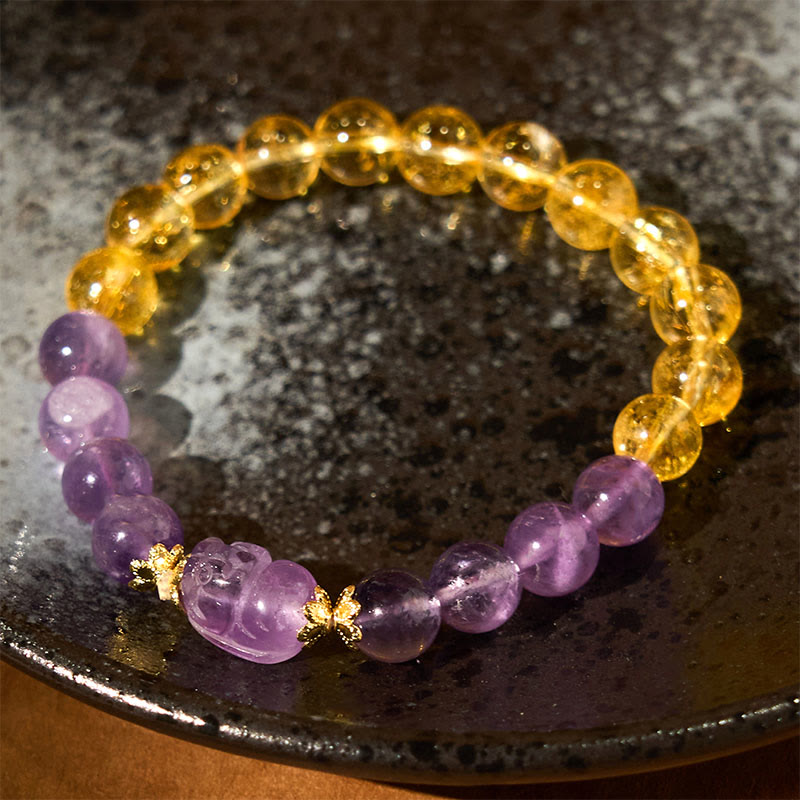 Bracelet de prospérité Pixiu en citrine et améthyste de 8 mm