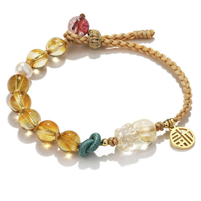 Bracelet de prospérité en citrine de 8 mm avec personnage Fu et talisman PiXiu