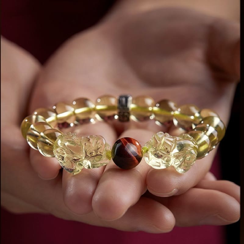 Bracelet de prospérité Pixiu en œil de tigre et citrine 8 mm