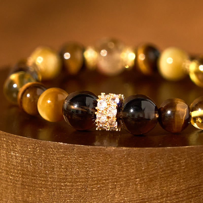 Bracelet bonheur 8 mm citrine topaze quartz fumé œil de tigre