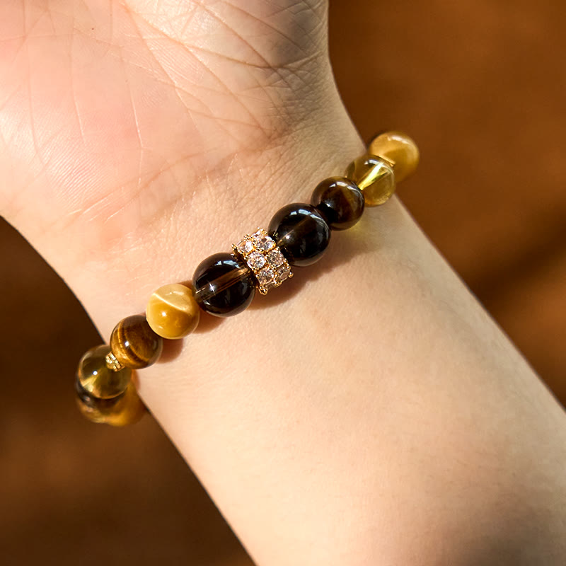 Bracelet bonheur 8 mm citrine topaze quartz fumé œil de tigre