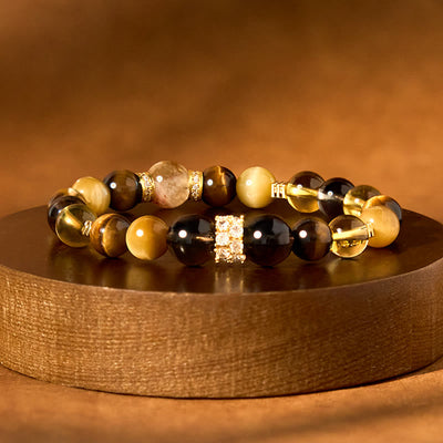 Bracelet bonheur 8 mm citrine topaze quartz fumé œil de tigre