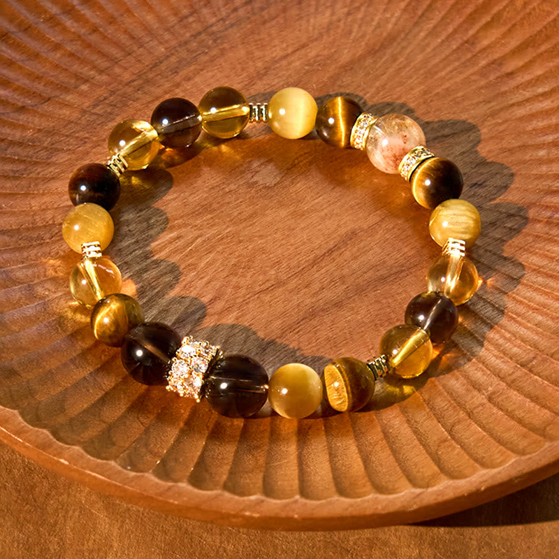 Bracelet bonheur 8 mm citrine topaze quartz fumé œil de tigre