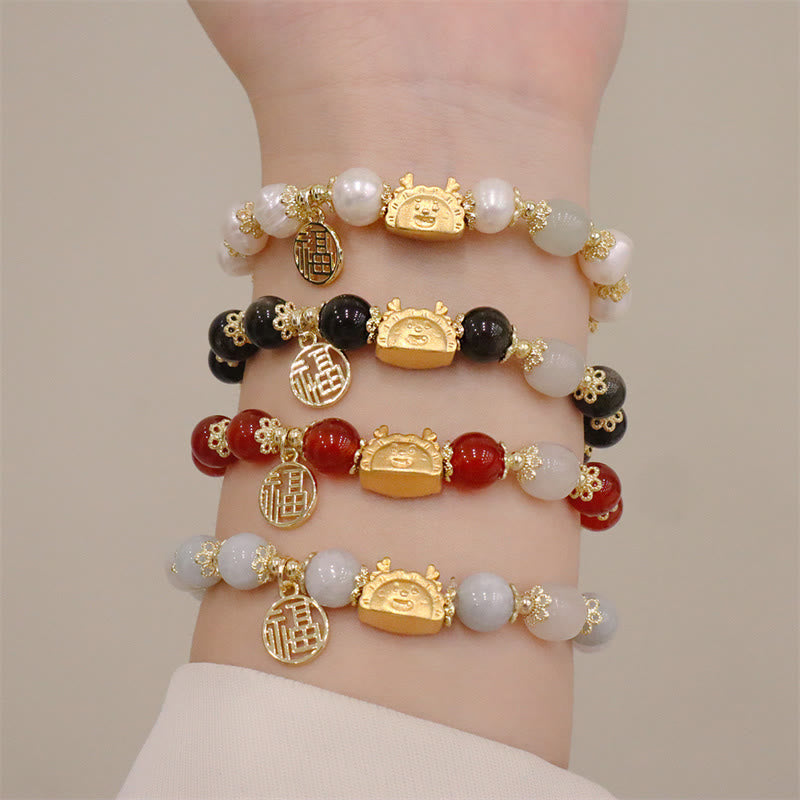 Bracelet Dragon Luck 8 mm avec agate rouge et pierres multifacettes